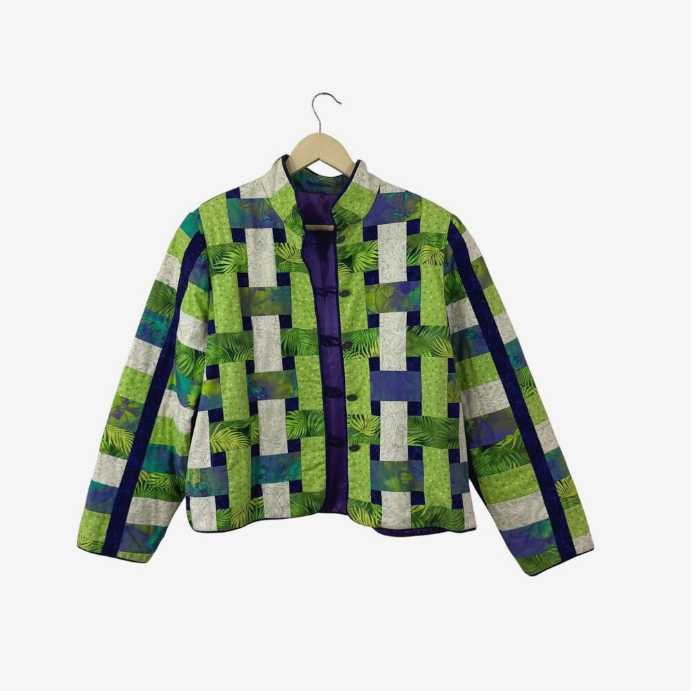 Handmade Quilt X-Large Crop Jacket Quilted Button Up Green Purple Womens READ